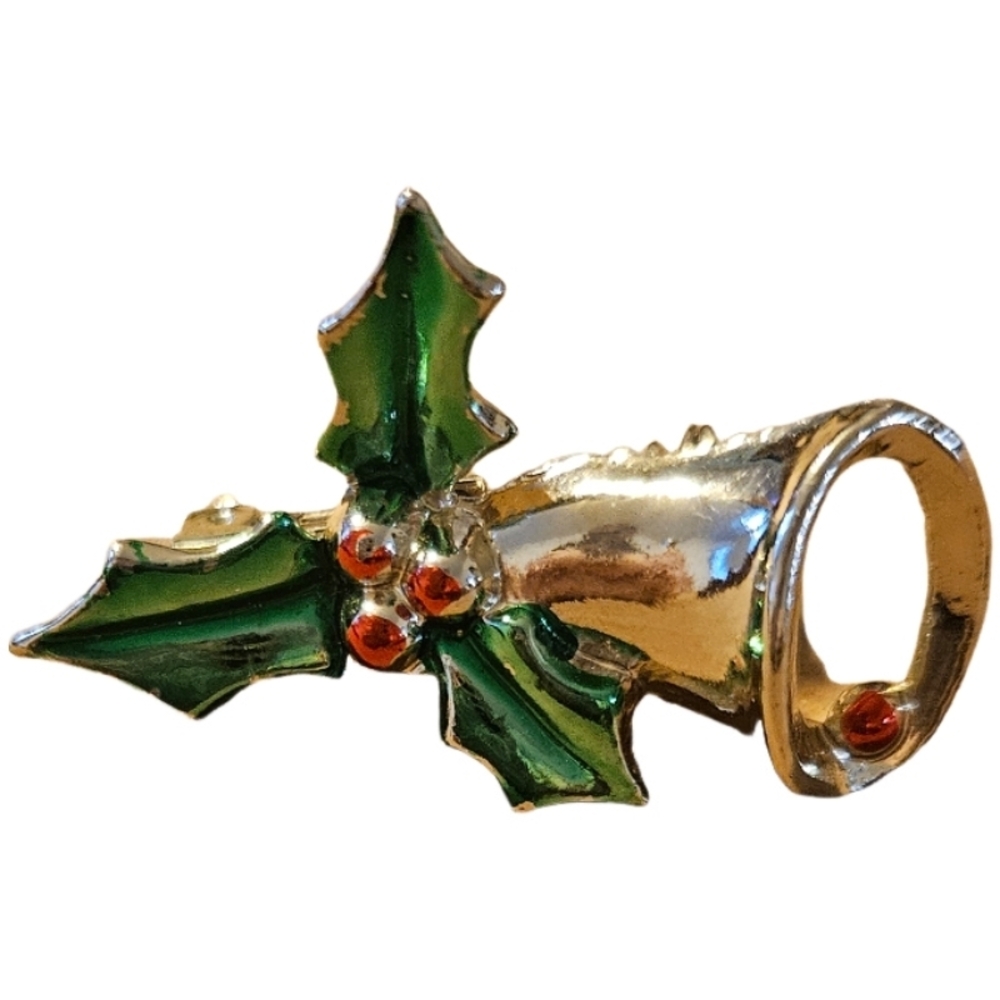 Goldtone Christmas Holly Bell Brooch Pin Green Ename Leaves and Red Berries